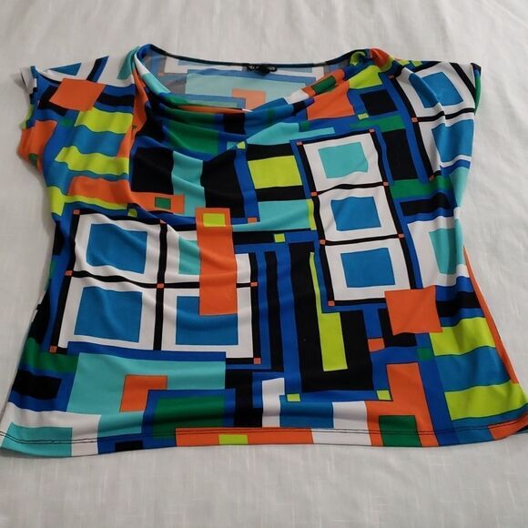 New Directions. Petite. EUC. Blue, Orange, Teal Short Sleeve Top. Size XLP - Picture 1 of 10